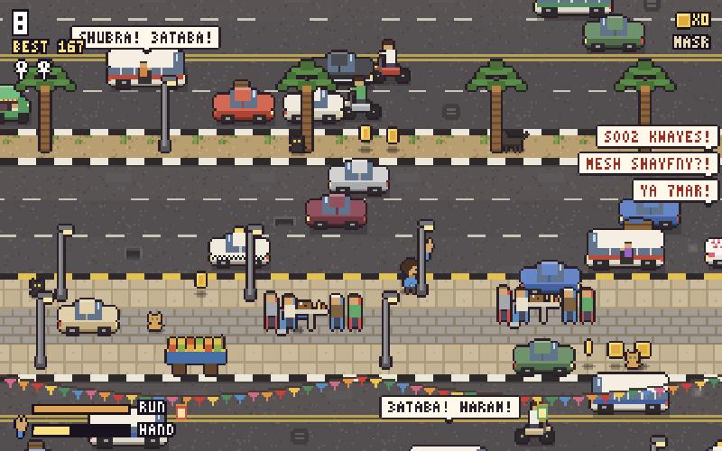 Masry Road gameplay: a busy Cairo street with microbuses, a donkey cart, kids playing football and Ramadan bunting